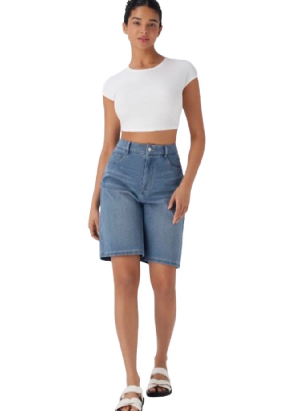 Women's M NWT Halara Flex High Waisted Pockets Washed Denim Bermuda Shorts
